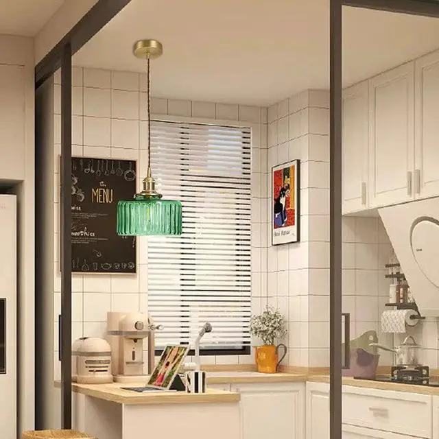 Alt view image 6 of 7 - Lighting Green Pendant Light Mid Century Modern Hanging Light with Green Striped Glass Shade Vintage Kitchen Island Pendant Lights Gold Ceiling Pendant Light for Dining Room Bedroom