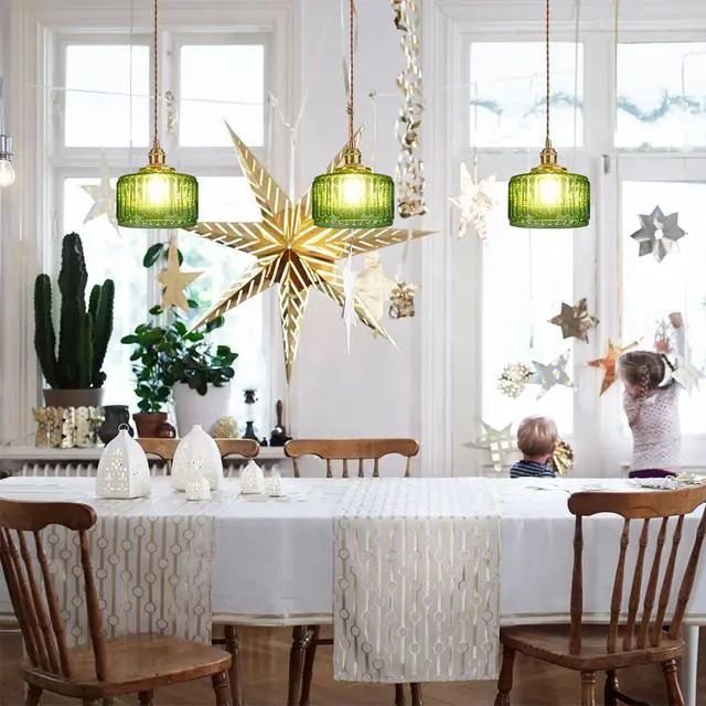 Alt view image 5 of 7 - Small Pendant Light Fixtures One-Light Mid Century Ceiling Hanging Light Green Striped Glass Shade Gold Pendant Lamp for Living Room Bedroom Dining Room Hallway (Green) (A)