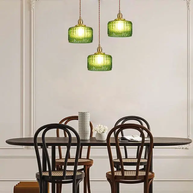 Alt view image 7 of 7 - Lighting Green Pendant Light Mid Century Modern Hanging Light with Green Striped Glass Shade Vintage Kitchen Island Pendant Lights Gold Ceiling Pendant Light for Dining Room Bedroom