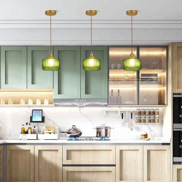 Alt view image 6 of 7 - Single Glass Pendant Light Green Striped Glass Shade Brushed Brass Gold Pendant Lights Fixture Farmhouse 1-Light Vintage Industrial Ceiling Hanging Light for Dining Room Kitchen Island