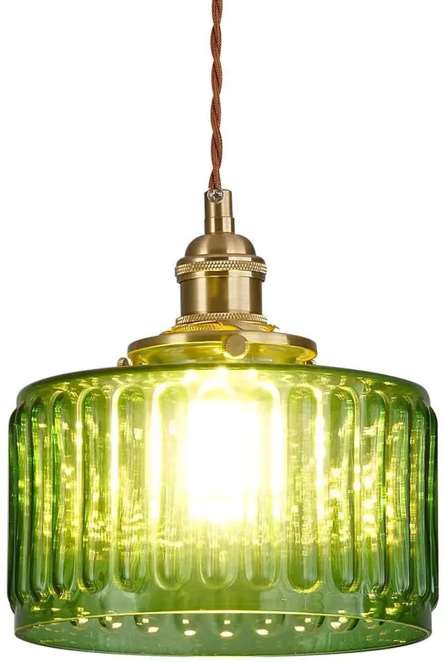 Main image of Green Hanging Light Vintage Modern Pendant Light Fixture with Stripe Green Glass Shade Glass Pendant Lighting Gold Pendant Lamp for Kitchen Island Bedroom Farmhouse