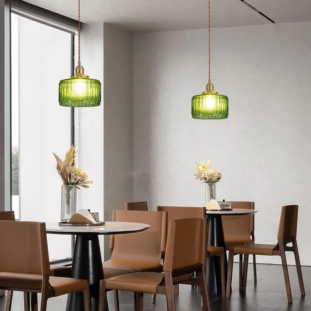 Alt view image 7 of 7 - Single Glass Pendant Light Green Striped Glass Shade Brushed Brass Gold Pendant Lights Fixture Farmhouse 1-Light Vintage Industrial Ceiling Hanging Light for Dining Room Kitchen Island
