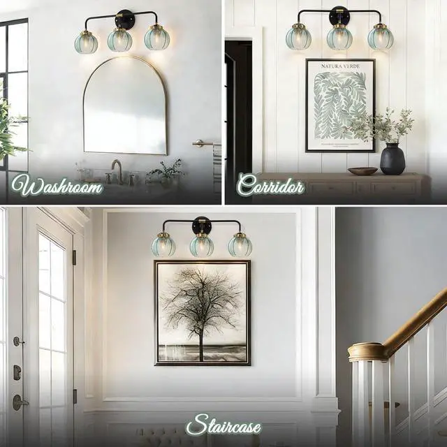 Alt view image 7 of 7 - 3 Light Bathroom Vanity Light Fixture, Modern Glass Globe Wall Sconce with Ribbed Green Shade, Vintage Wall Lamp for Over Mirror, Bedroom, Hallway, Living Room, 23.6x7.9 inches