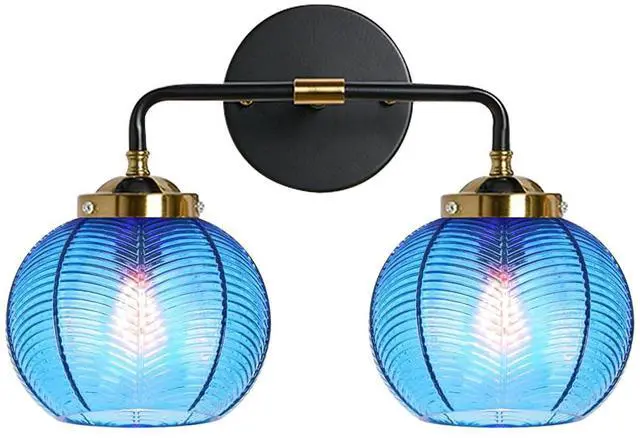 Main image of Bathroom Light fixtures Over Mirror Mid Century Vanity Light with Blue Ribbed Glass Shade Globe Wall Sconce 2-Lights Modern Vanity Lights for Dining Room Bedroom Hallway Overhead