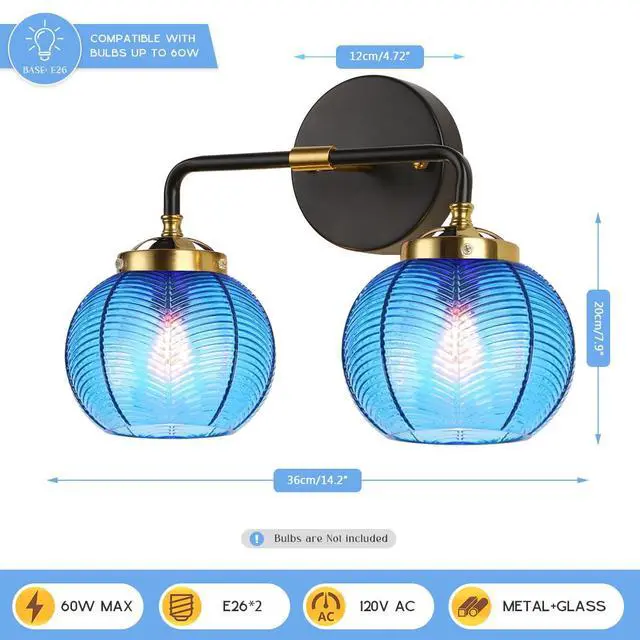 Alt view image 2 of 7 - Bathroom Light fixtures Over Mirror Mid Century Vanity Light with Blue Ribbed Glass Shade Globe Wall Sconce 2-Lights Modern Vanity Lights for Dining Room Bedroom Hallway Overhead