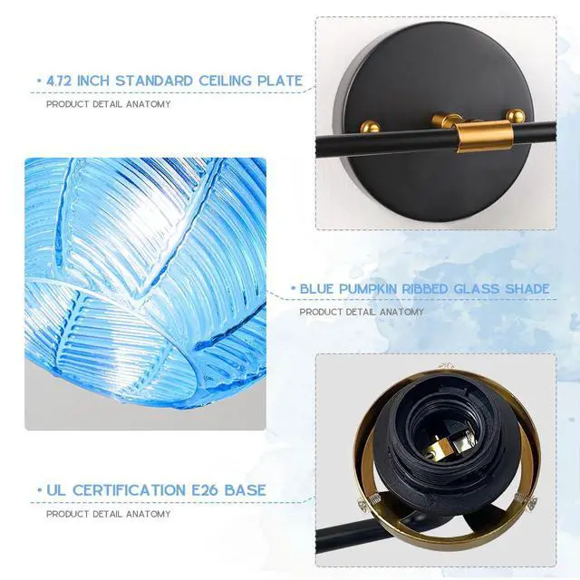 Alt view image 3 of 7 - Bathroom Light fixtures Over Mirror Mid Century Vanity Light with Blue Ribbed Glass Shade Globe Wall Sconce 2-Lights Modern Vanity Lights for Dining Room Bedroom Hallway Overhead