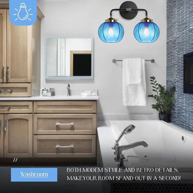 Alt view image 4 of 7 - Bathroom Light fixtures Over Mirror Mid Century Vanity Light with Blue Ribbed Glass Shade Globe Wall Sconce 2-Lights Modern Vanity Lights for Dining Room Bedroom Hallway Overhead