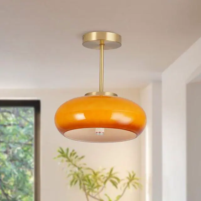 Alt view image 7 of 7 - Semi Flush Mount Ceiling Light Gold 1-Light Ceiling Close to Ceiling Light Fixtures with Orange Dome Glass Shade, Glass Semi Flush Mount Lamp for Hallway Dining Room