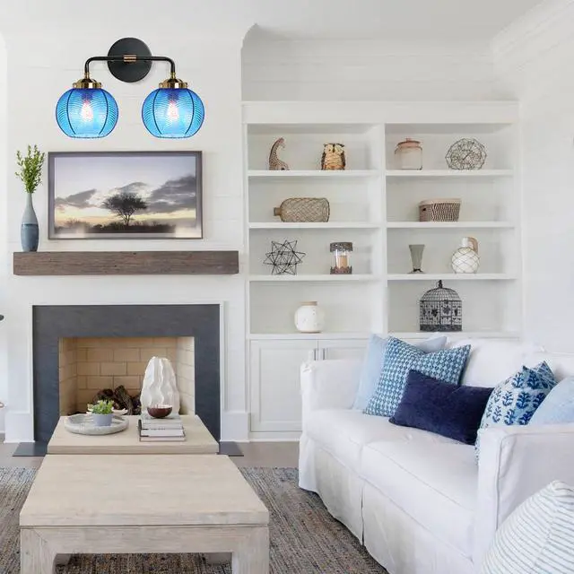 Alt view image 7 of 7 - Bathroom Light fixtures Over Mirror Mid Century Vanity Light with Blue Ribbed Glass Shade Globe Wall Sconce 2-Lights Modern Vanity Lights for Dining Room Bedroom Hallway Overhead