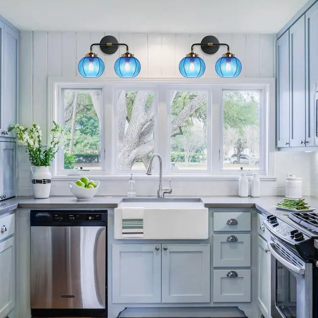 Alt view image 6 of 7 - Bathroom Light fixtures Over Mirror Mid Century Vanity Light with Blue Ribbed Glass Shade Globe Wall Sconce 2-Lights Modern Vanity Lights for Dining Room Bedroom Hallway Overhead