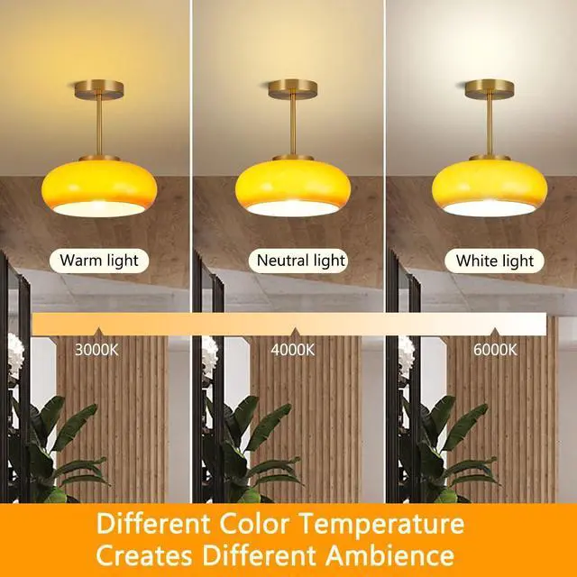 Alt view image 6 of 7 - Semi Flush Mount Ceiling Light Gold 1-Light Ceiling Close to Ceiling Light Fixtures with Orange Dome Glass Shade, Glass Semi Flush Mount Lamp for Hallway Dining Room