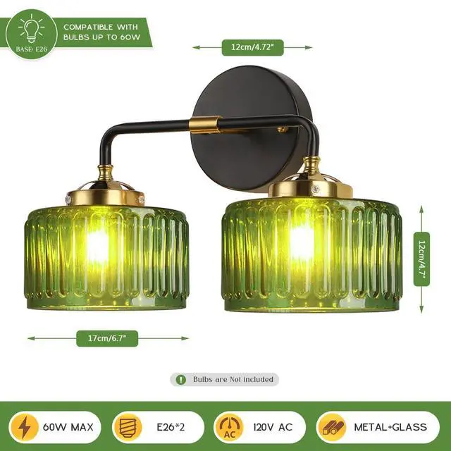 Alt view image 2 of 7 - Bathroom Light fixtures Mid Century Wall Sconce 2-Lights with Green Striped Shade Glass Wall Mount Light Modern Vanity Lights for Over Mirror Bedroom Hallway Overhead