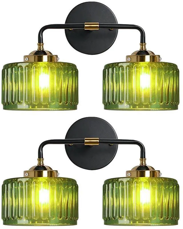 Main image of Vintage Bathroom Vanity Light, Bathroom Light Fixtures Over Mirror, Mid Century Style Striped Green Wall Sconce Farmhouse 2-Lights Fixture Black Vanity Lamp for Over Mirror Bedroom