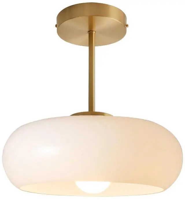 Main image of Gold Ceiling Light 1-Light White Glass Semi Flush Mount Ceiling Light Fixtures Mid Century Brass Flush Mount Lamp Milk Glass Shade Modern Close to Lamp for Hallway Bedroom Kitchen