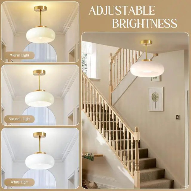Alt view image 5 of 7 - Gold Ceiling Light 1-Light White Glass Semi Flush Mount Ceiling Light Fixtures Mid Century Brass Flush Mount Lamp Milk Glass Shade Modern Close to Lamp for Hallway Bedroom Kitchen