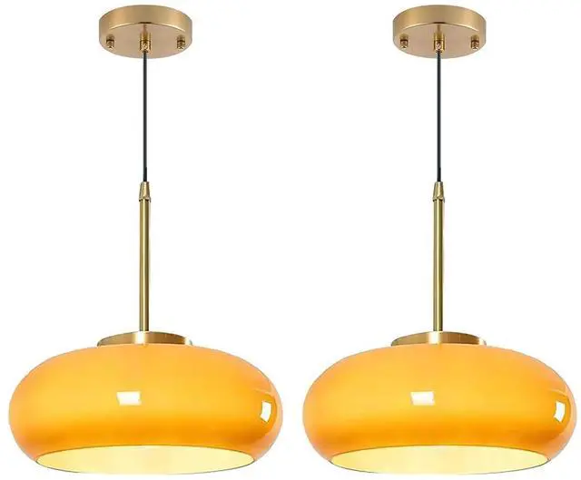 Main image of Orange Pendant Light Glass Hanging Lamp Gold Brass 1-Light Kitchen Island Pendant Light Fixtures with Orange Dome Glass Shade Mid Century Modern Pendant Lighting for Living Dining Room