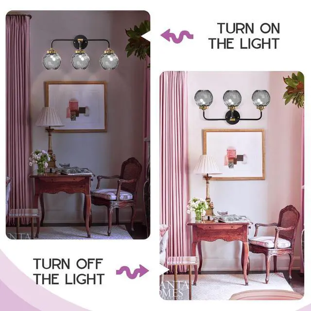 Alt view image 4 of 7 - 3 Light Mid Century Modern Wall Sconce Vanity Light Fixture Smoky Grey Glass Globe Shade Postmodern Bathroom Light Fixtures Black Vanity Light for Over Mirror Hallway Living Room