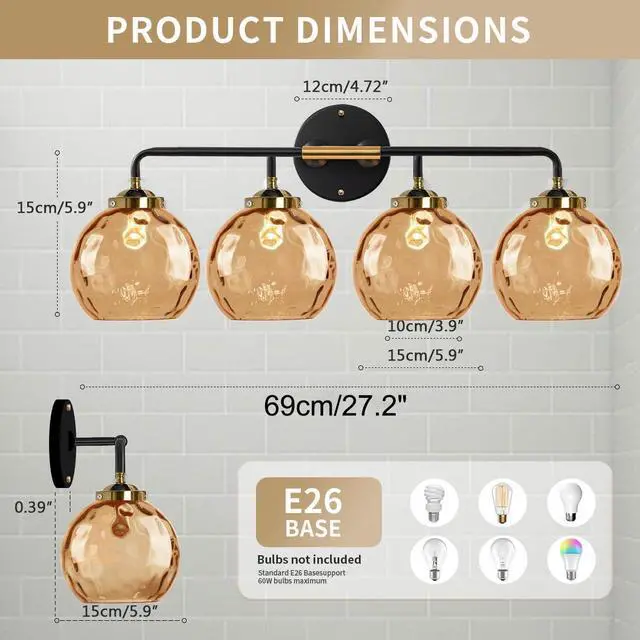 Alt view image 2 of 7 - 4-Lights Vanity Light Amber Modern Bathroom Light Fixtures Glass Globe Shade Black Gold Bathroom Wall Sconce Over Mirror Vanity Lighting Fixture for Hallway Cabinet Living Room