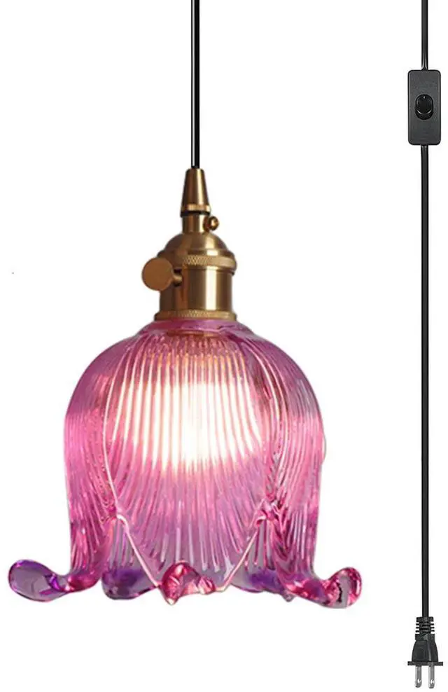 Main image of Hanging Swag Plug in Pendant Light Flower Shaped Purple Glass Plug Pendant Lamp with 15 ft Switch Cord Plug in Vintage Industrial Hanging Light for Kitchen Bedroom Background