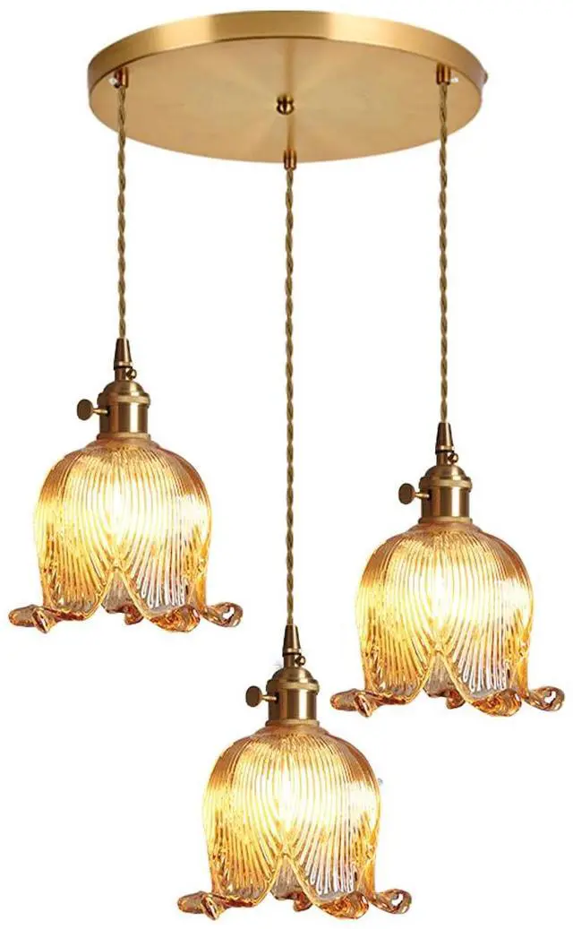 Main image of 3-Lights Mid Century Modern Chandelier Sputnik Chandelier Dining Room Amber Pendant Light Flower Glass Shade Gold Adjustable Ceiling Pendant Lamp Cluster Pendant Light Kitchen