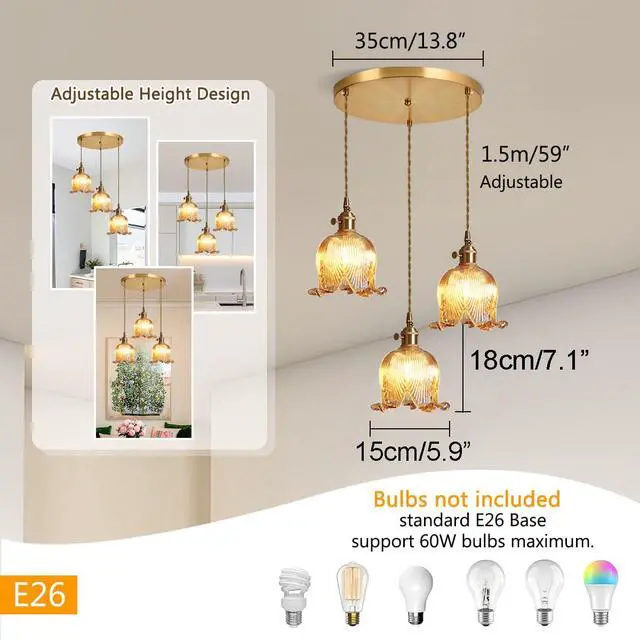 Alt view image 2 of 7 - 3-Lights Mid Century Modern Chandelier Sputnik Chandelier Dining Room Amber Pendant Light Flower Glass Shade Gold Adjustable Ceiling Pendant Lamp Cluster Pendant Light Kitchen