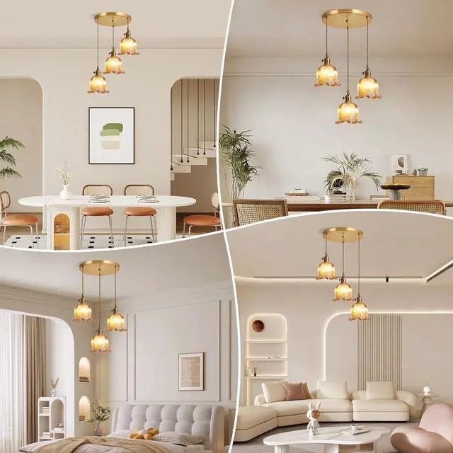 Alt view image 3 of 7 - 3-Lights Mid Century Modern Chandelier Sputnik Chandelier Dining Room Amber Pendant Light Flower Glass Shade Gold Adjustable Ceiling Pendant Lamp Cluster Pendant Light Kitchen