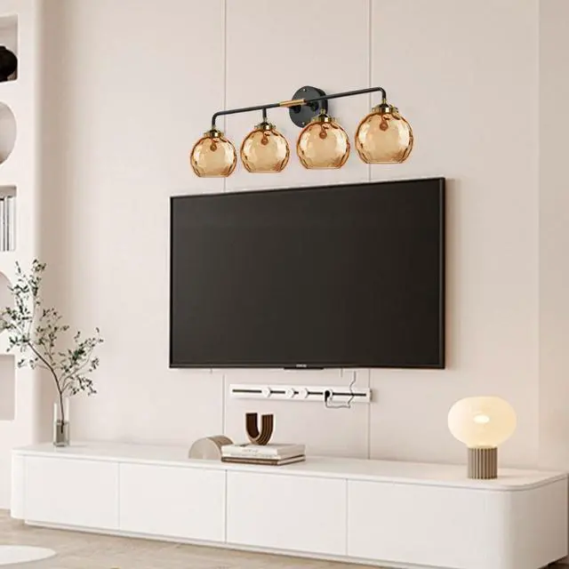 Alt view image 7 of 7 - 4-Lights Vanity Light Amber Modern Bathroom Light Fixtures Glass Globe Shade Black Gold Bathroom Wall Sconce Over Mirror Vanity Lighting Fixture for Hallway Cabinet Living Room