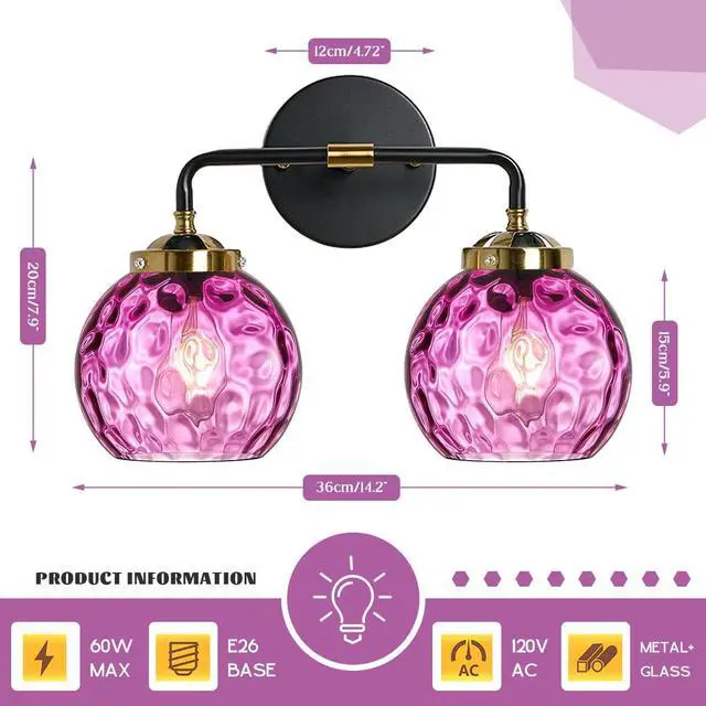 Alt view image 2 of 7 - Bathroom Vanity Light Fixture 2 Lights Glass Globe Wall Sconce Lights Purple Wall Lamp Modern Wall Mount Light Hammer Pink Glass Shade Vanity Light Sconces for Over Mirror Hallway