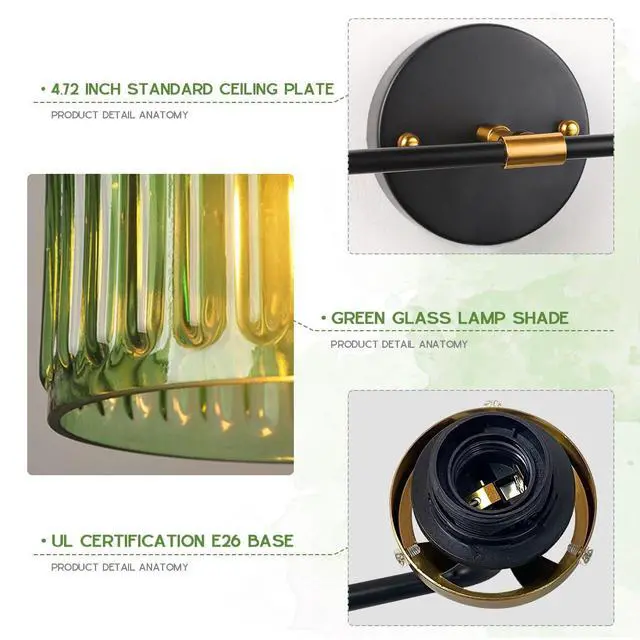 Alt view image 3 of 7 - Bathroom Light fixtures Mid Century Wall Sconce 2-Lights with Green Striped Shade Glass Wall Mount Light Modern Vanity Lights for Over Mirror Bedroom Hallway Overhead