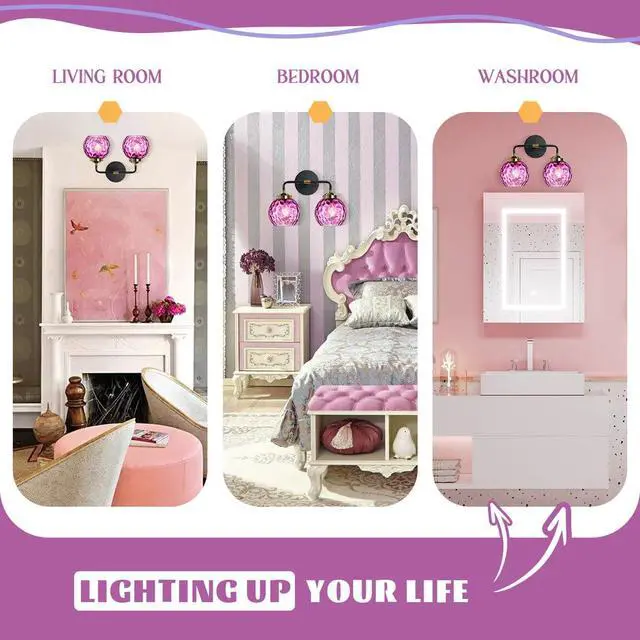 Alt view image 3 of 7 - Bathroom Vanity Light Fixture 2 Lights Glass Globe Wall Sconce Lights Purple Wall Lamp Modern Wall Mount Light Hammer Pink Glass Shade Vanity Light Sconces for Over Mirror Hallway