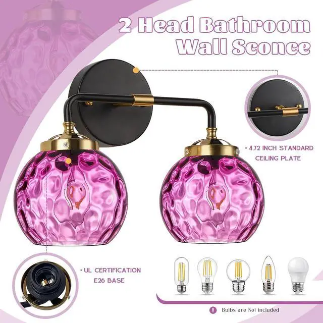 Alt view image 4 of 7 - Bathroom Vanity Light Fixture 2 Lights Glass Globe Wall Sconce Lights Purple Wall Lamp Modern Wall Mount Light Hammer Pink Glass Shade Vanity Light Sconces for Over Mirror Hallway