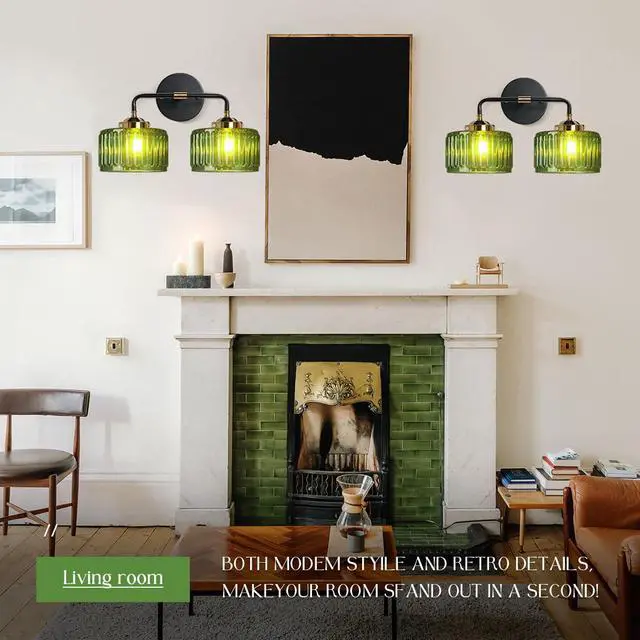 Alt view image 5 of 7 - Vintage Bathroom Vanity Light, Bathroom Light Fixtures Over Mirror, Mid Century Style Striped Green Wall Sconce Farmhouse 2-Lights Fixture Black Vanity Lamp for Over Mirror Bedroom