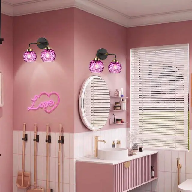 Alt view image 5 of 7 - Bathroom Vanity Light Fixture 2 Lights Glass Globe Wall Sconce Lights Purple Wall Lamp Modern Wall Mount Light Hammer Pink Glass Shade Vanity Light Sconces for Over Mirror Hallway