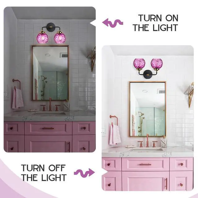 Alt view image 6 of 7 - Bathroom Vanity Light Fixture 2 Lights Glass Globe Wall Sconce Lights Purple Wall Lamp Modern Wall Mount Light Hammer Pink Glass Shade Vanity Light Sconces for Over Mirror Hallway