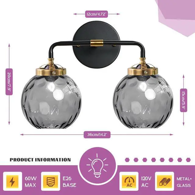 Alt view image 2 of 7 - 2 Light Mid Century Modern Wall Sconce,Globe Vanity Light Fixture Smoky Grey Glass Shade Vintage Bathroom Light Fixtures Black Porch Wall Light for Over Mirror Hallway Living Room