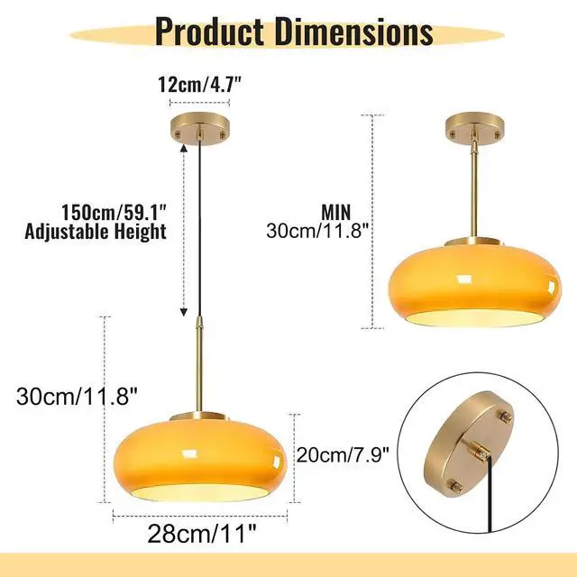 Alt view image 2 of 7 - Orange Pendant Light Glass Hanging Lamp Gold Brass 1-Light Kitchen Island Pendant Light Fixtures with Orange Dome Glass Shade Mid Century Modern Pendant Lighting for Living Dining Room