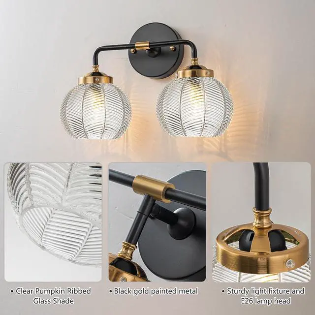 Alt view image 3 of 7 - 2 Light Bathroom Vanity Light Clear Glass Globe Wall Sconce Lights | Black Wall Mount Light with Ribbed Glass Shade, Mid Century Modern Style E26 Base for Over Mirror Bedroom Hallway Powder room