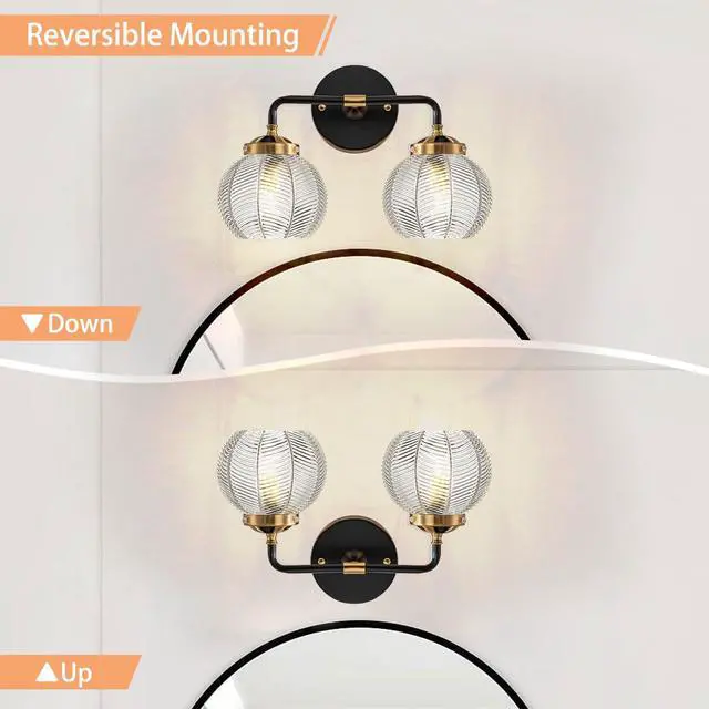 Alt view image 4 of 7 - 2 Light Bathroom Vanity Light Clear Glass Globe Wall Sconce Lights | Black Wall Mount Light with Ribbed Glass Shade, Mid Century Modern Style E26 Base for Over Mirror Bedroom Hallway Powder room