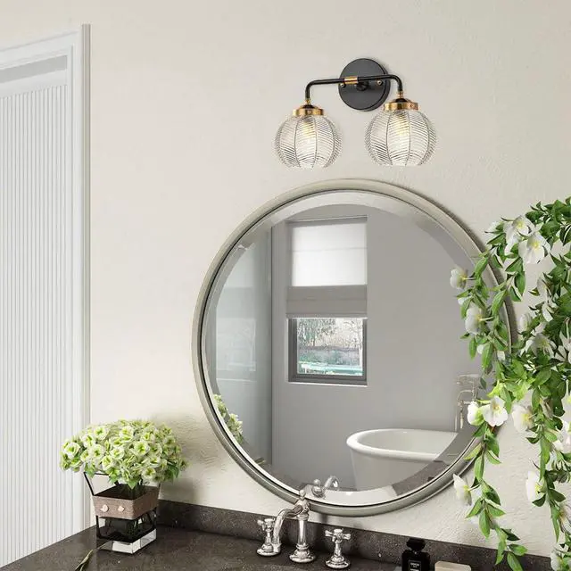 Alt view image 5 of 7 - 2 Light Bathroom Vanity Light Clear Glass Globe Wall Sconce Lights | Black Wall Mount Light with Ribbed Glass Shade, Mid Century Modern Style E26 Base for Over Mirror Bedroom Hallway Powder room