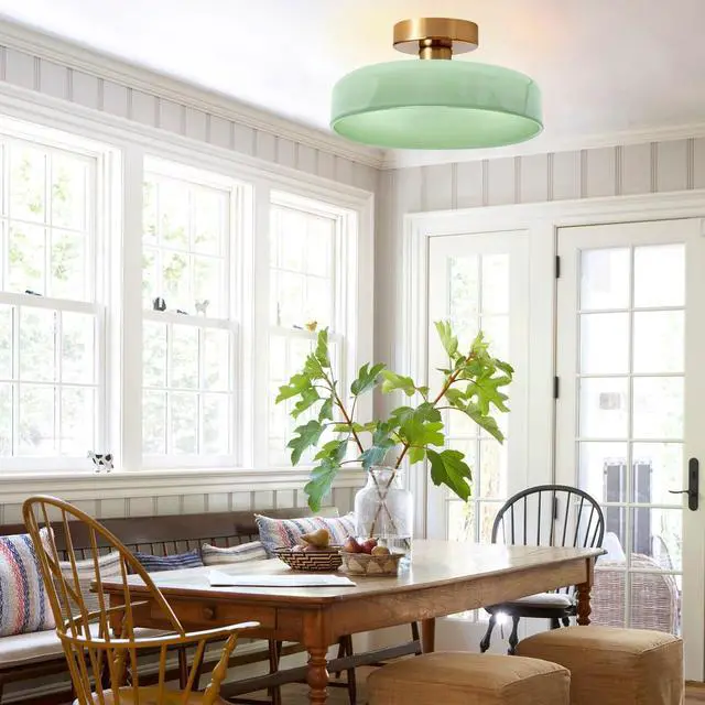 Alt view image 5 of 7 - Mid Century Flush Mount Ceiling Light - Dome Milk Green Glass Shade Gold Brass Modern Close to Ceiling Lamp Round Glass Flush Mount Lights Fixture for Hallways Foyer Nursery Upstairs
