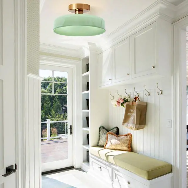 Alt view image 6 of 7 - Mid Century Flush Mount Ceiling Light - Dome Milk Green Glass Shade Gold Brass Modern Close to Ceiling Lamp Round Glass Flush Mount Lights Fixture for Hallways Foyer Nursery Upstairs