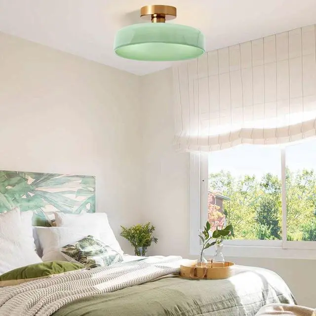 Alt view image 7 of 7 - Mid Century Flush Mount Ceiling Light - Dome Milk Green Glass Shade Gold Brass Modern Close to Ceiling Lamp Round Glass Flush Mount Lights Fixture for Hallways Foyer Nursery Upstairs