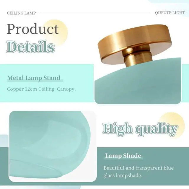 Alt view image 3 of 7 - Blue Ceiling Light 1-Lamp Glass Flush Mount Ceiling Light Fixtures Milk Glass Shade Mid Century Flush Mount Lights Gold Brass Copper Close to Lighting for Hallway Entrance