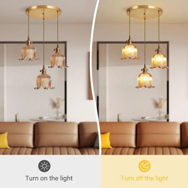 Alt view image 4 of 7 - 3-Lights Mid Century Modern Chandelier Sputnik Chandelier Dining Room Amber Pendant Light Flower Glass Shade Gold Adjustable Ceiling Pendant Lamp Cluster Pendant Light Kitchen