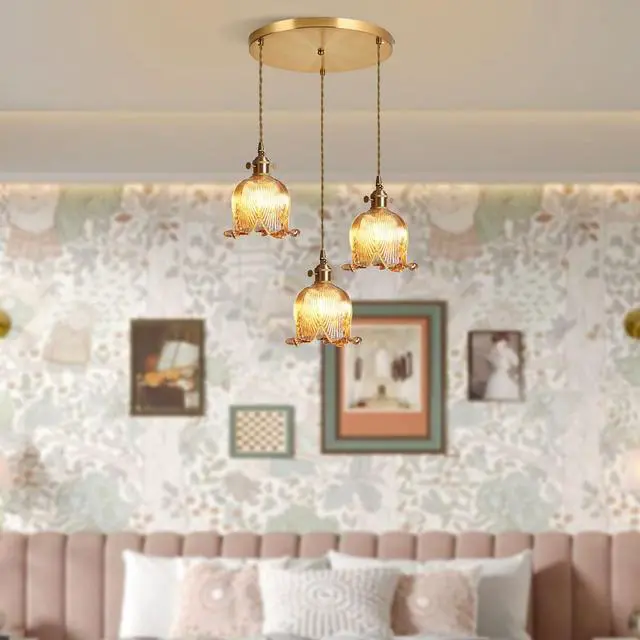 Alt view image 5 of 7 - 3-Lights Mid Century Modern Chandelier Sputnik Chandelier Dining Room Amber Pendant Light Flower Glass Shade Gold Adjustable Ceiling Pendant Lamp Cluster Pendant Light Kitchen