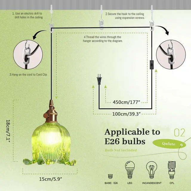 Alt view image 2 of 7 - Plug in Hanging Lamp Flower Hanging Light Fixiture Green Glass | Vintage Plug in Pendant Light Fixtures Gold Brass Finish with 14.7ft Plug in Cord E26 Base Kitchen Island Living Room