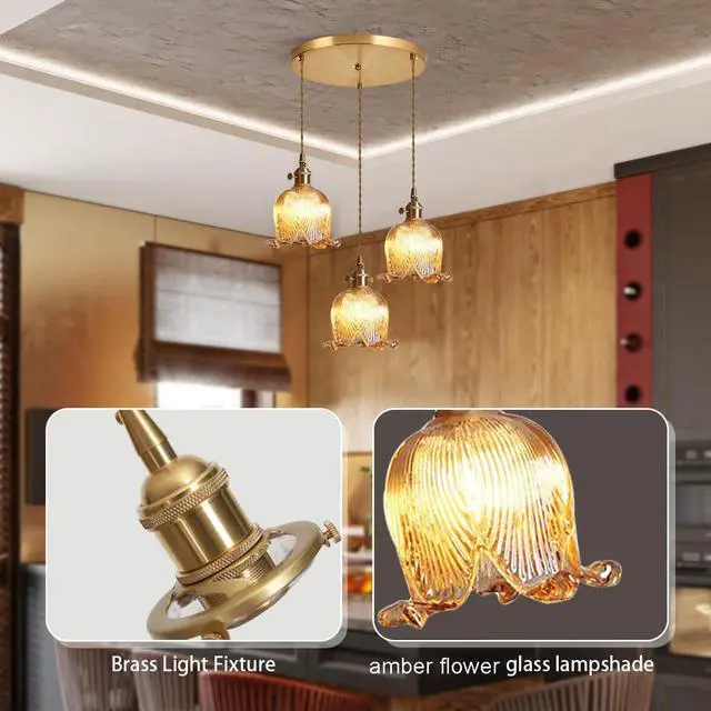 Alt view image 7 of 7 - 3-Lights Mid Century Modern Chandelier Sputnik Chandelier Dining Room Amber Pendant Light Flower Glass Shade Gold Adjustable Ceiling Pendant Lamp Cluster Pendant Light Kitchen