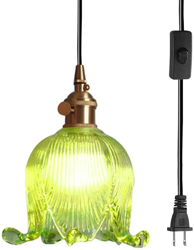 Main image of Plug in Hanging Lamp Flower Hanging Light Fixiture Green Glass | Vintage Plug in Pendant Light Fixtures Gold Brass Finish with 14.7ft Plug in Cord E26 Base Kitchen Island Living Room