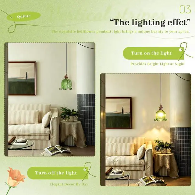 Alt view image 6 of 7 - Plug in Hanging Lamp Flower Hanging Light Fixiture Green Glass | Vintage Plug in Pendant Light Fixtures Gold Brass Finish with 14.7ft Plug in Cord E26 Base Kitchen Island Living Room