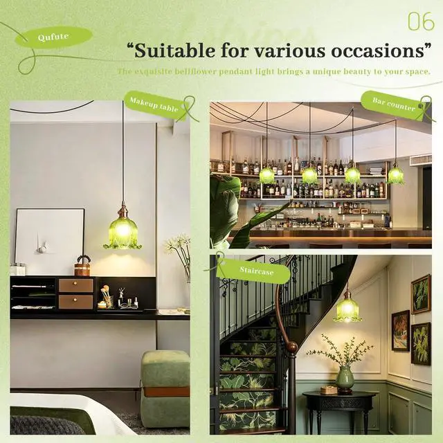 Alt view image 5 of 7 - Plug in Hanging Lamp Flower Hanging Light Fixiture Green Glass | Vintage Plug in Pendant Light Fixtures Gold Brass Finish with 14.7ft Plug in Cord E26 Base Kitchen Island Living Room
